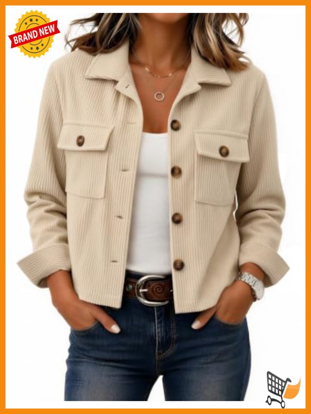 Corduroy Cropped Button Down Shacket Long Sleeve Casual Jacket